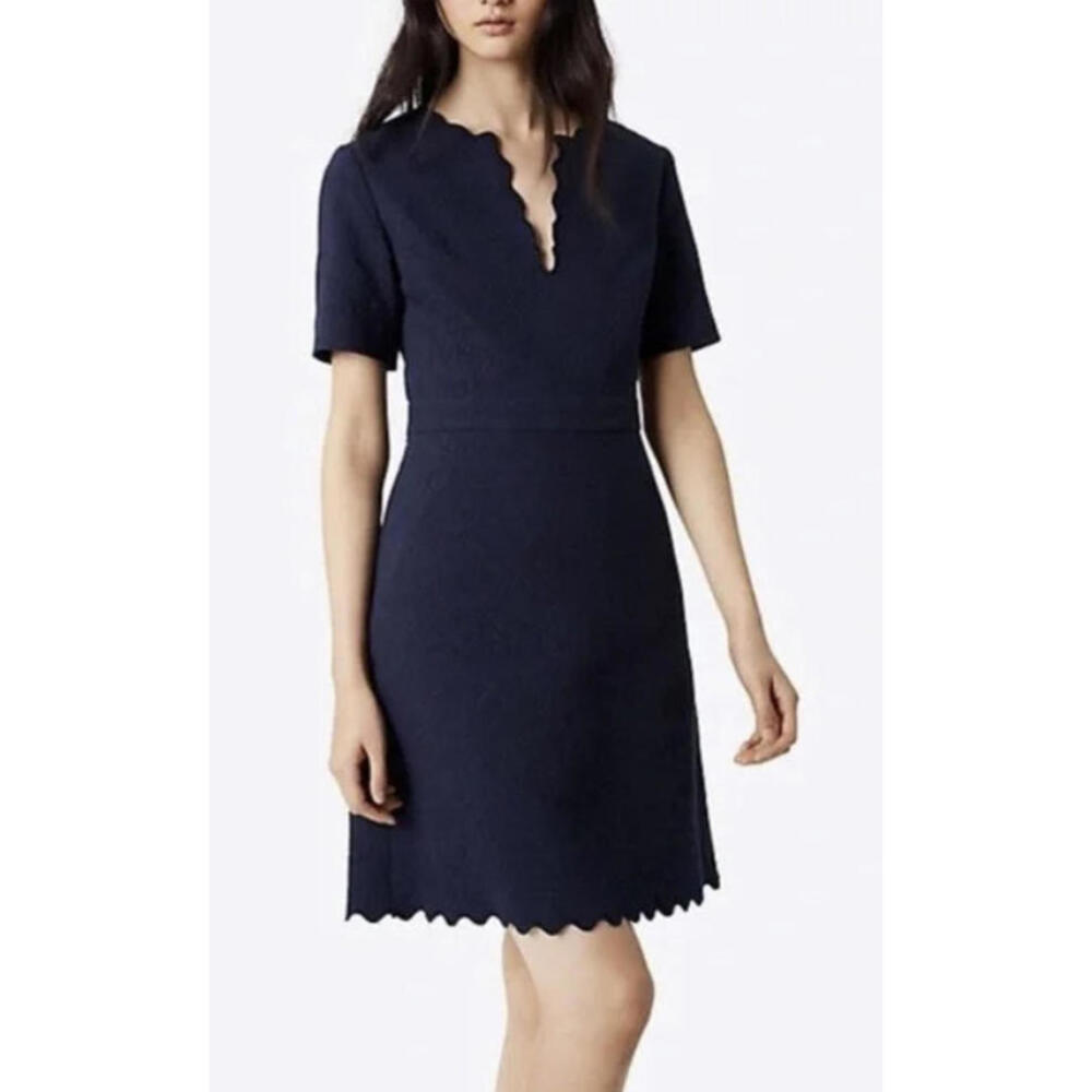 Tory Burch Bailey Scalloped Jacquard Mini Dress Sz US 4 Navy Blue Short Sleeve